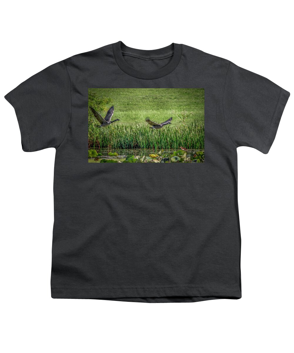 Wetland Youth T-Shirt featuring the photograph Geese In Flight by Ray Congrove
