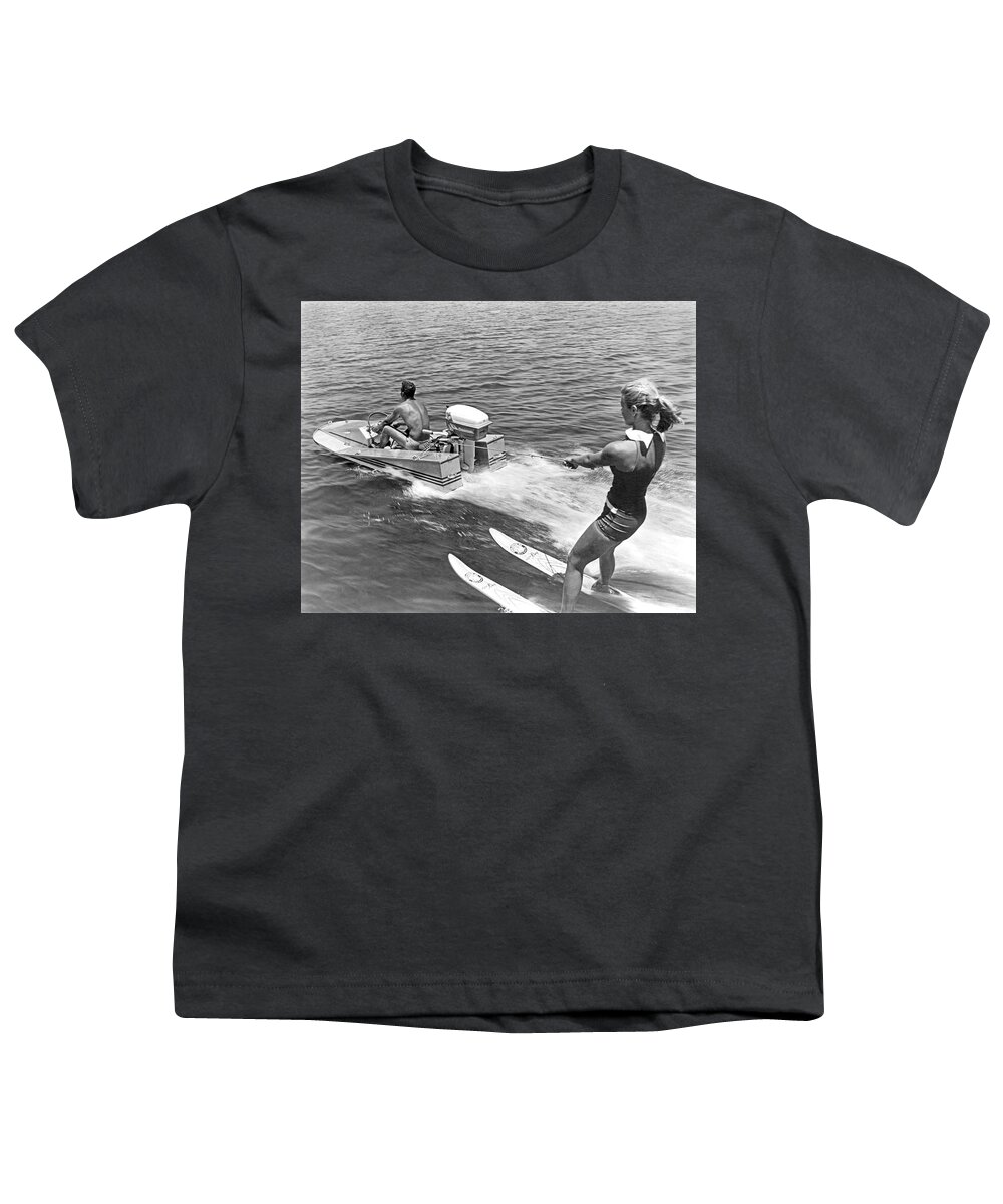 1960s Youth T-Shirt featuring the photograph Girl Water Skiing by Underwood Archives