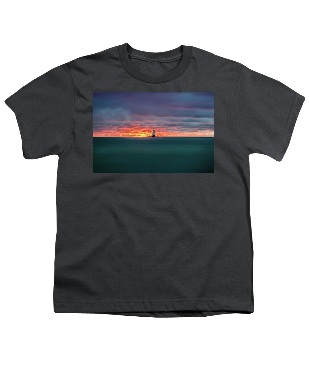 Ludington Mi Youth T-Shirt featuring the photograph Glowing Sunset on Lake With Lighthouse by Lester Plank