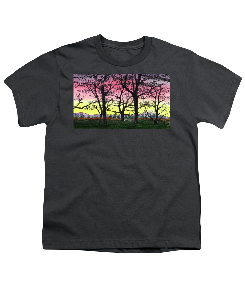 Sunrise Youth T-Shirt featuring the painting Gorgeous Sunrise Watercolor Landscape by Irina Sztukowski