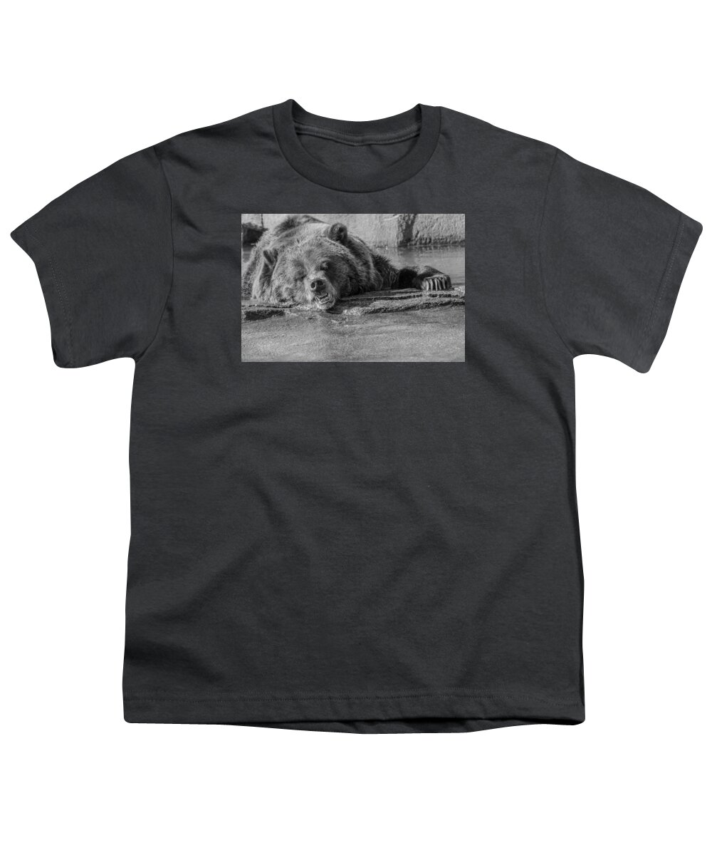 Grouchy Bear Youth T-Shirt featuring the photograph Grouchy Bear - Black and White by Susan McMenamin