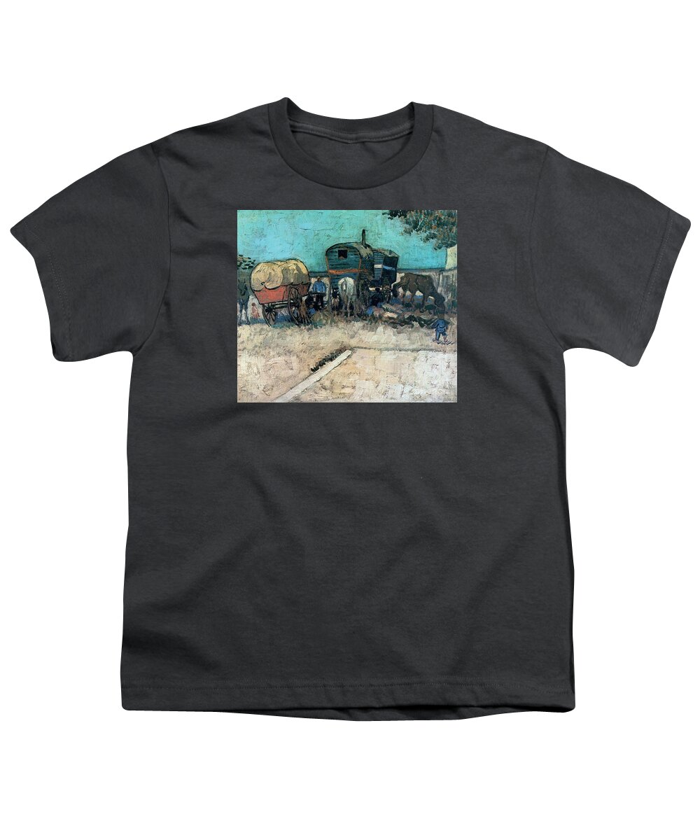 Gypsy Camp With Horse Carriage Youth T-Shirt featuring the painting Gypsy Camp With Horse Carriage by Celestial Images