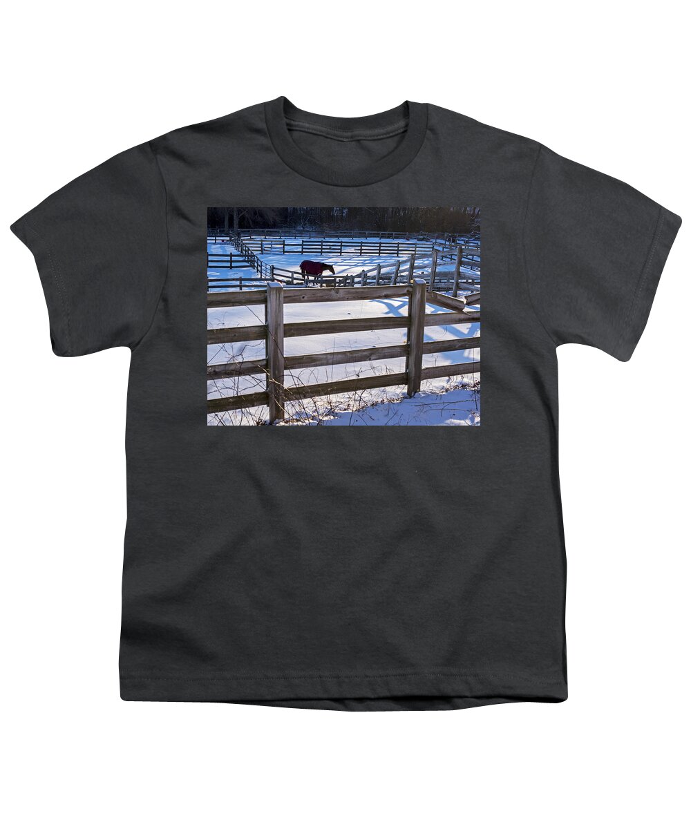 Hamilton Youth T-Shirt featuring the photograph Hamilton MA Equestrian Farm Blanket of Winter Snow Fences by Toby McGuire