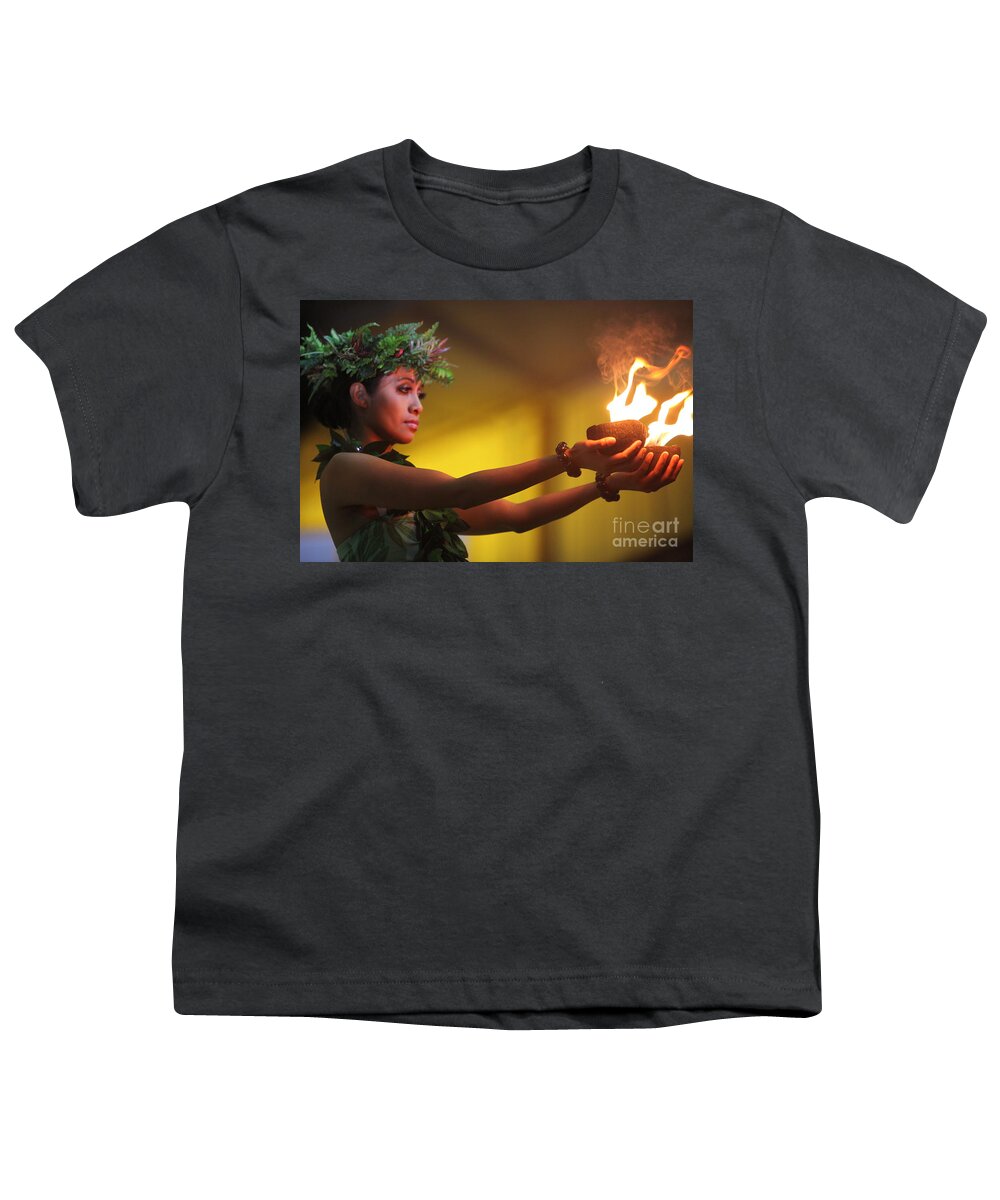 Fire Youth T-Shirt featuring the photograph Hawaiian Dancer and Firepots by Nadine Rippelmeyer