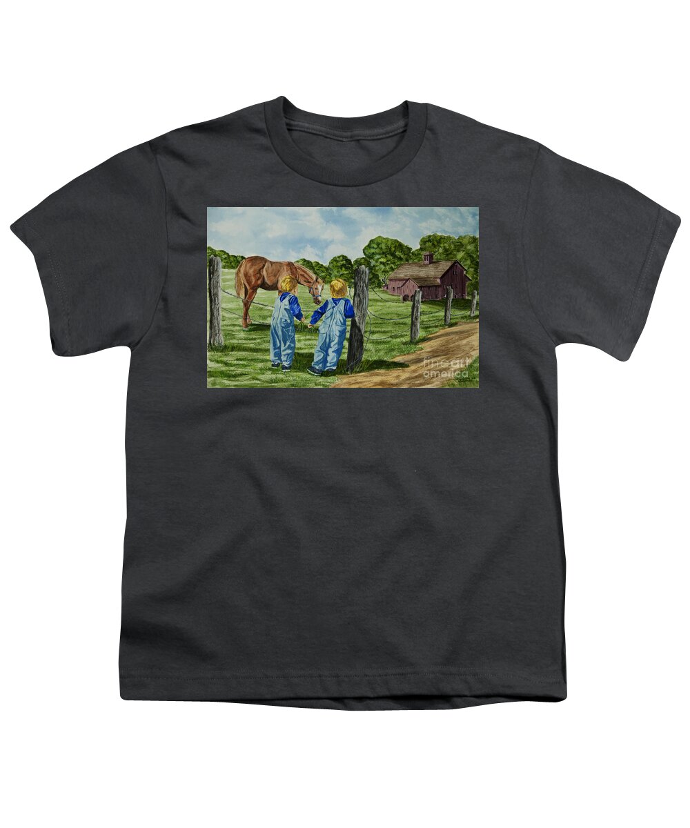 Country Kids Art Youth T-Shirt featuring the painting Here Horsey Horsey by Charlotte Blanchard