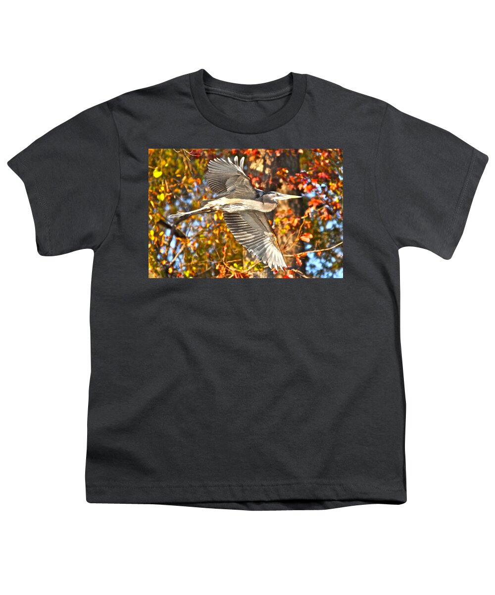 Great Blue Heron Youth T-Shirt featuring the photograph Heron Against Fall Foliage by Don Mercer