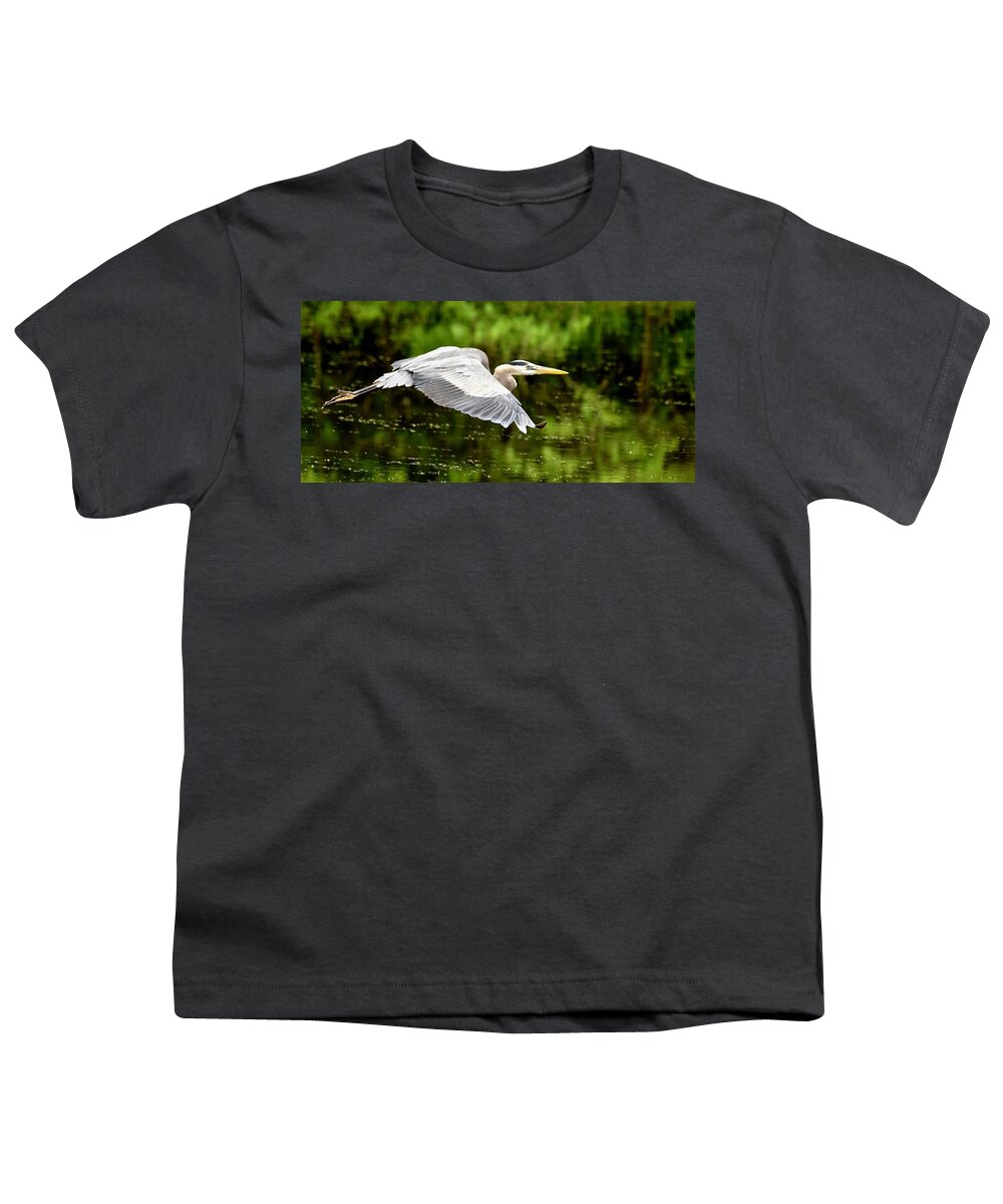 Wall Art Youth T-Shirt featuring the photograph Heron In Flight by Jeffrey PERKINS
