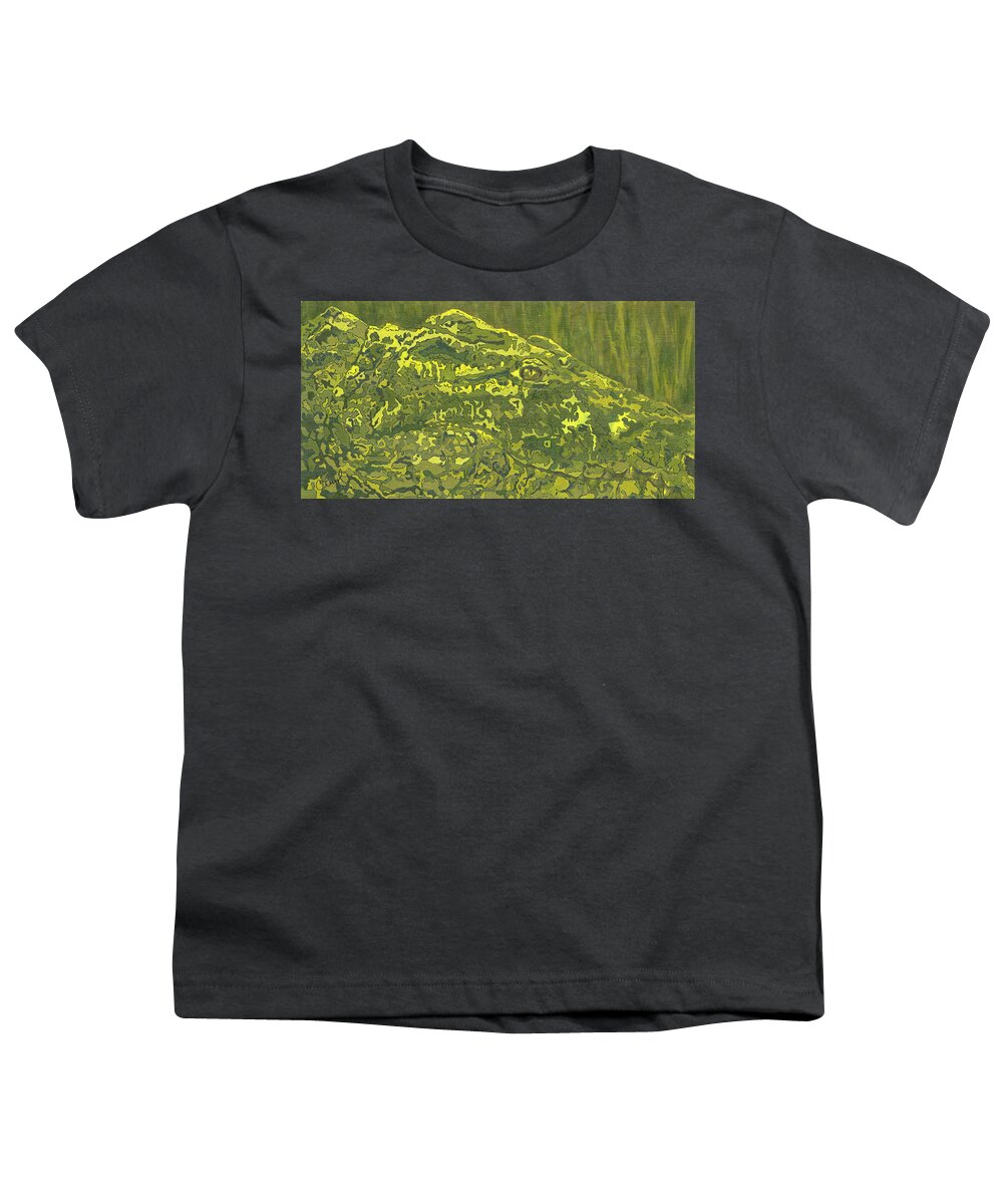 Crocodile Youth T-Shirt featuring the painting Hidden Danger by Cheryl Bowman