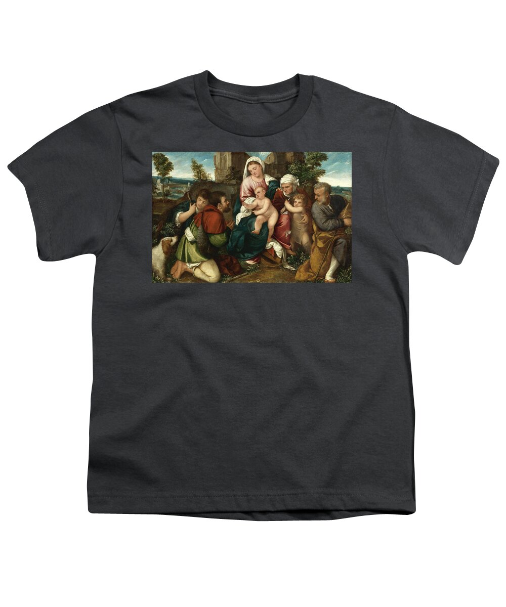 Bonifazio Veronese Youth T-Shirt featuring the painting Holy Family with Saint Elizabeth the Infant Saint John and two Shepherds by Bonifazio Veronese