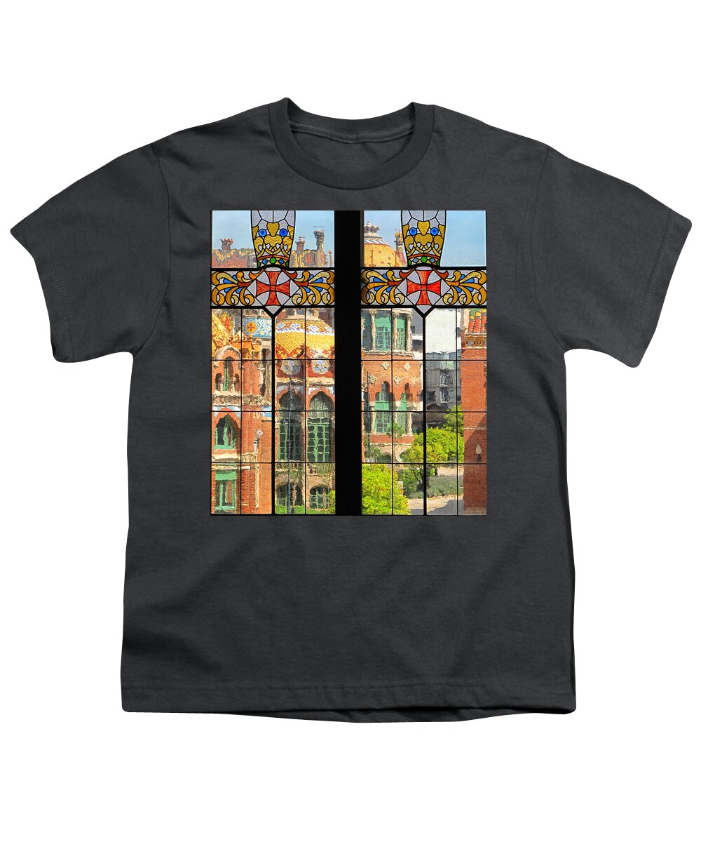Hospital Sant Pau Youth T-Shirt featuring the photograph Hospital de Sant Pau Through Stained Glass by Dave Mills