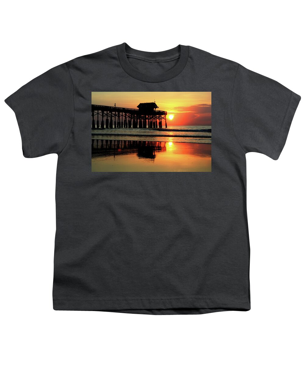 Cocoa Beach Pier Youth T-Shirt featuring the photograph Hot Sunrise Over Cocoa Beach Pier by Carol Montoya