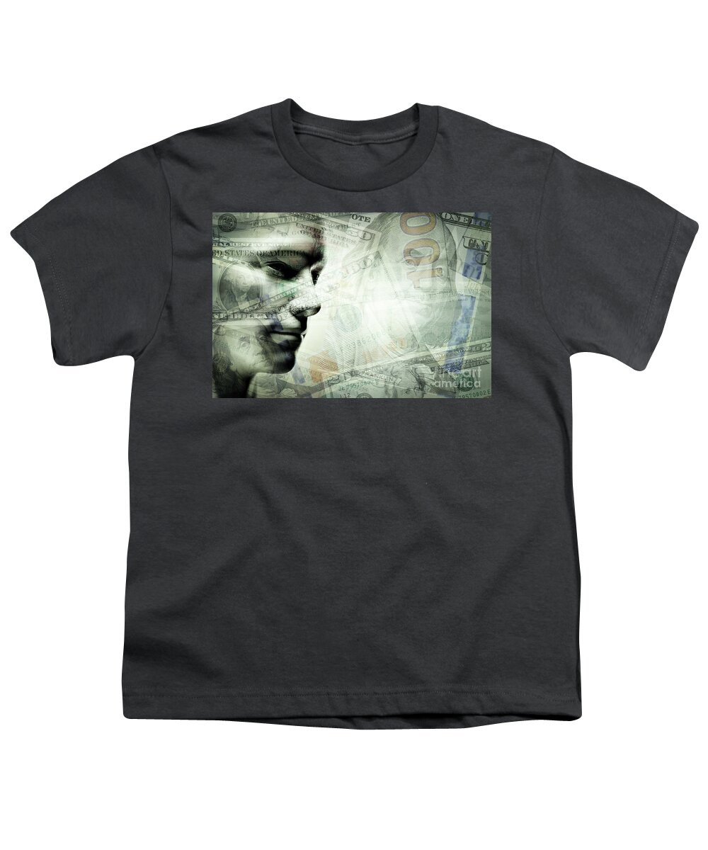 Face Youth T-Shirt featuring the photograph Human man face and dollars double exposure. by Michal Bednarek