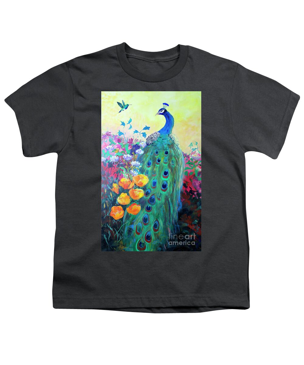 Hummingbird And Peacock Youth T-Shirt featuring the painting Hummingbird and Peacock by Robin Pedrero