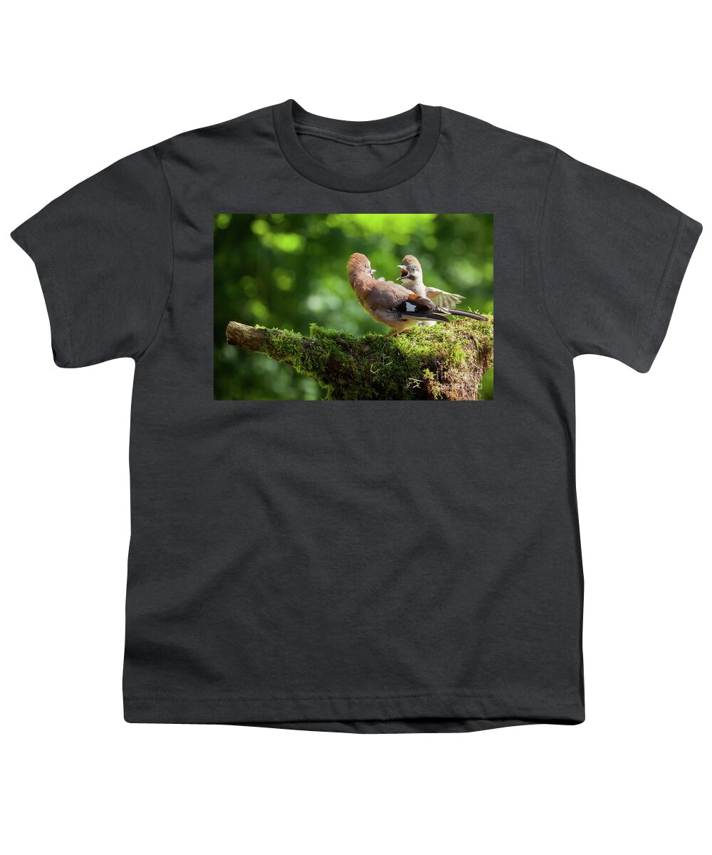 Bird Youth T-Shirt featuring the photograph Jay bird feeding baby Jay by Simon Bratt