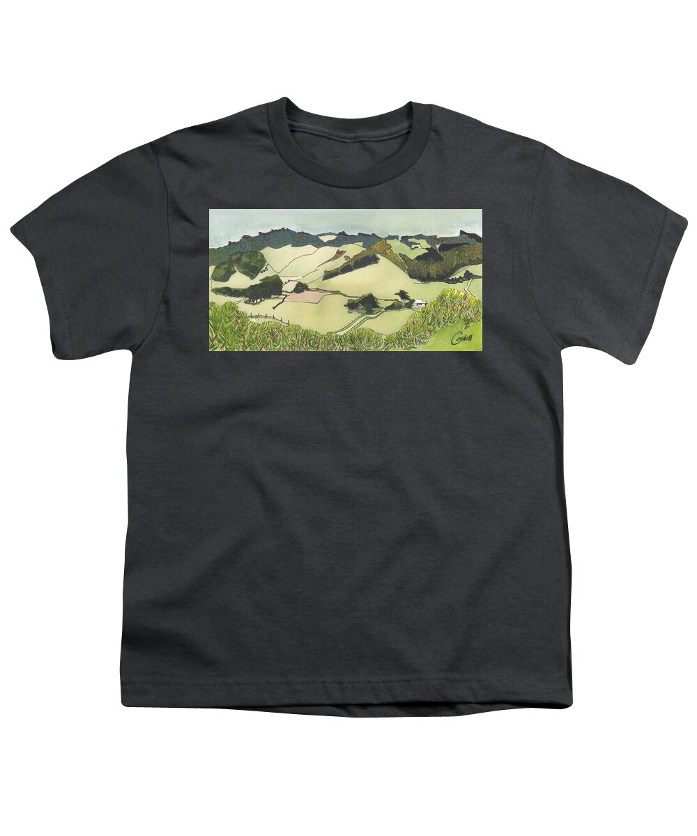 Landscape Youth T-Shirt featuring the painting Johanna Beach Valley, Great Ocean Road VIC by Joan Cordell