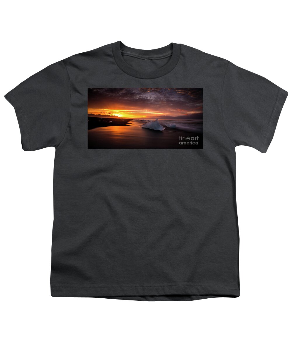 Iceland Beach Youth T-Shirt featuring the photograph Jokulsarlon Sunrays Sunrise Beach Ice by Mike Reid