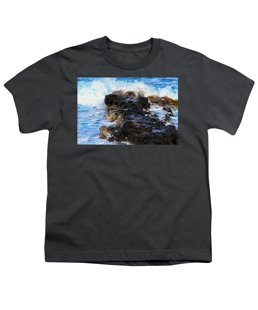 Bonnie Follett Youth T-Shirt featuring the photograph Kauai Rock Splash by Bonnie Follett