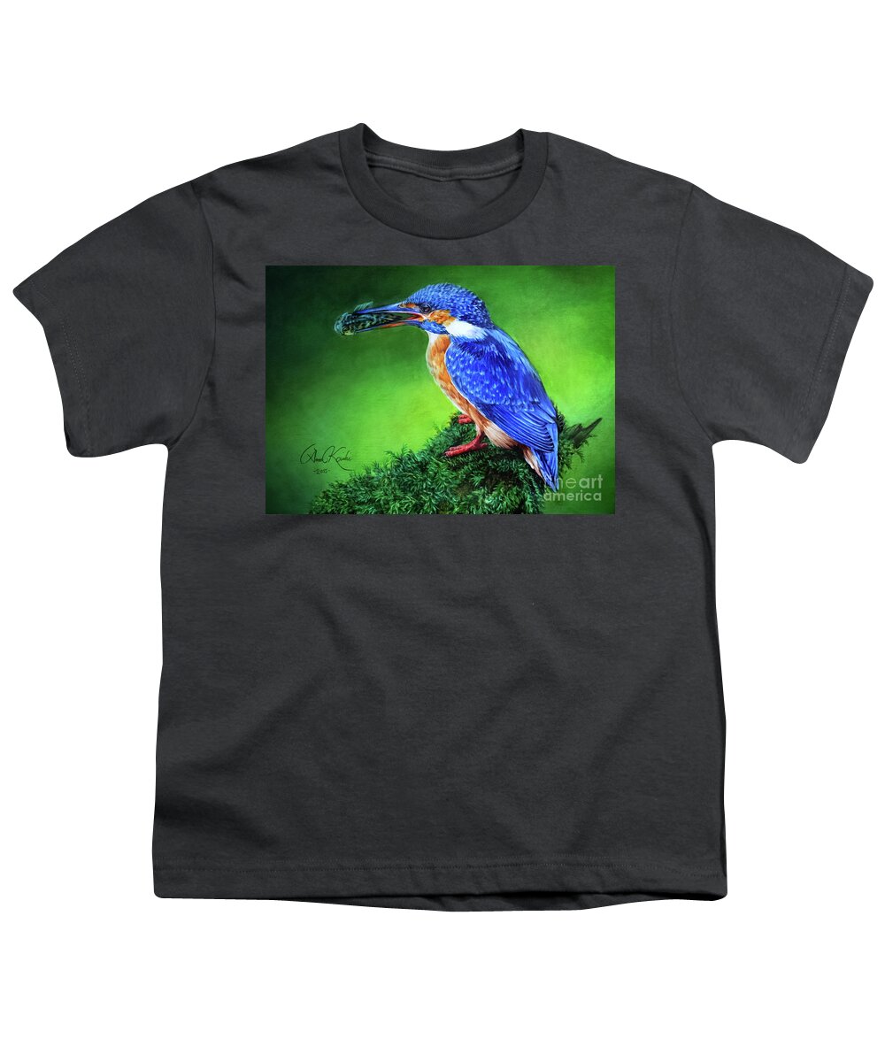 Kingfisher Youth T-Shirt featuring the painting Kingfisher by Anne Koivumaki - Fine Art Anne
