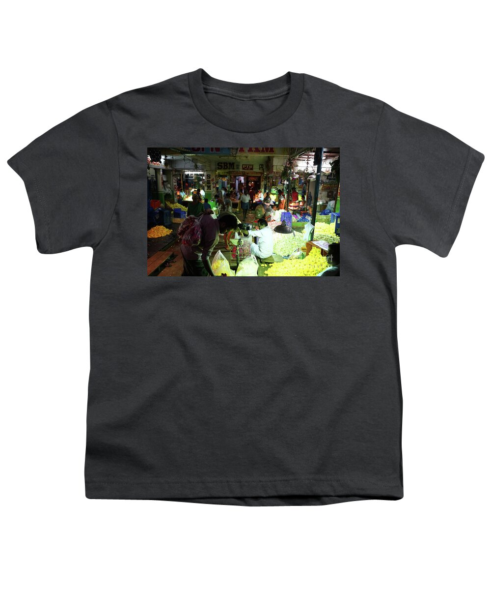 India Youth T-Shirt featuring the photograph Koyambedu Flower Market Stalls by Mike Reid