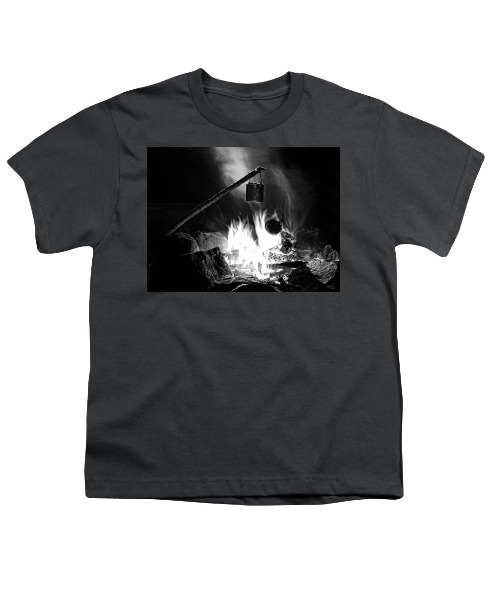 Camping Youth T-Shirt featuring the photograph leaning billy can fire BnW by Michael Blaine