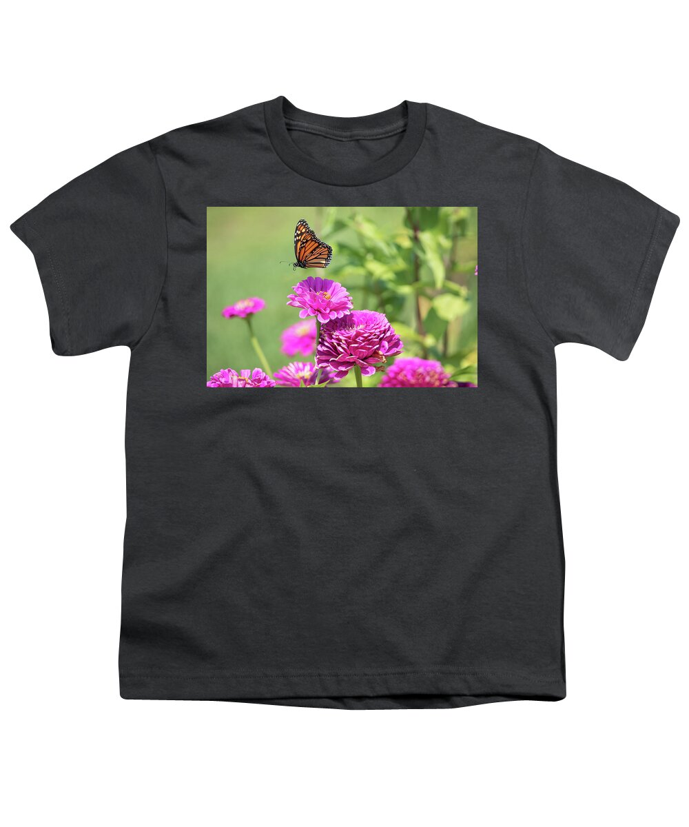 Butterfly Flying Flight Mid-air Mid Air Monarch Inset Butterflies Flowers Garden Botany Botanical Outside Outdoors Nature Natural Brian Hale Brianhalephoto Ma Mass Massachusetts Newengland New England U.s.a. Usa Youth T-Shirt featuring the photograph Leaping Butterfly by Brian Hale