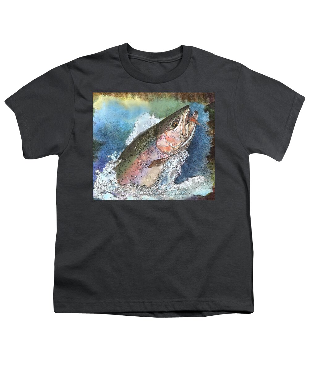 Fishing Youth T-Shirt featuring the painting Leaping Rainbow Trout by John Dyess