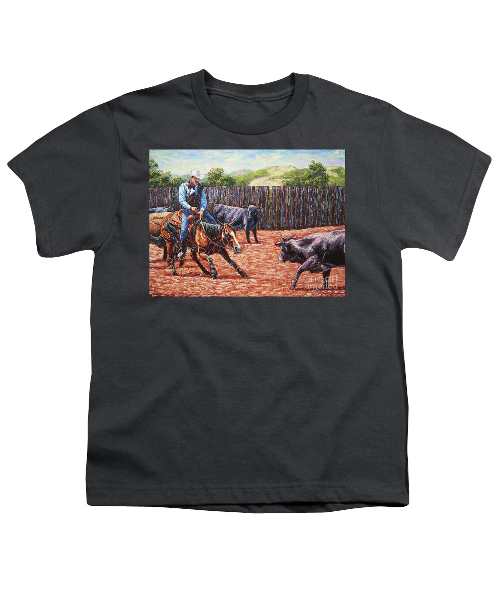Western Youth T-Shirt featuring the painting Let the Horse Do His Job by Tom Chapman