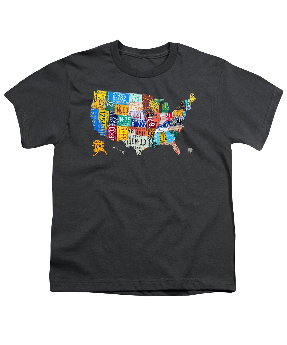 Art Youth T-Shirt featuring the mixed media License Plate Map of The United States by Design Turnpike