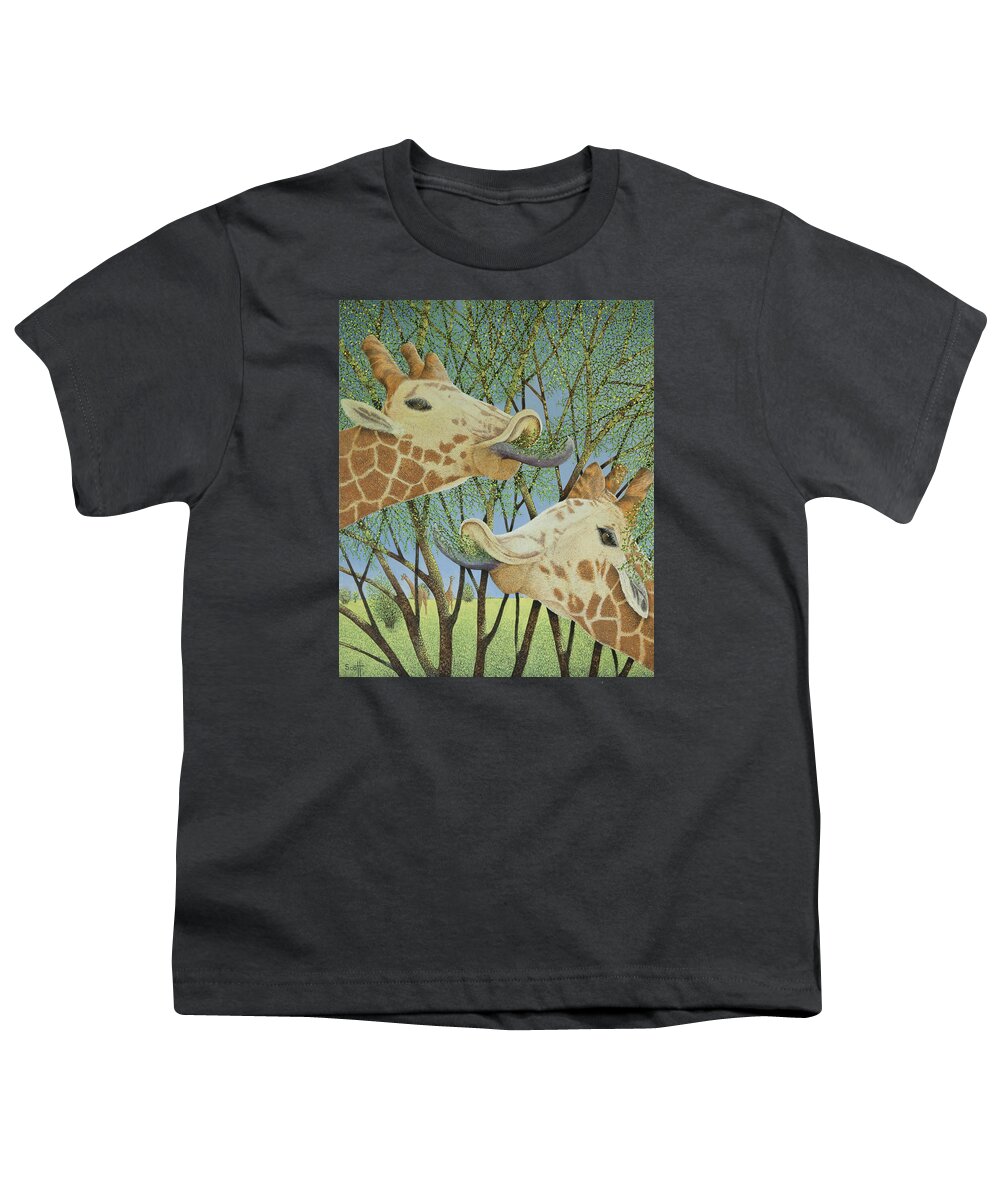 Giraffe Youth T-Shirt featuring the painting Life at the top by Pat Scott