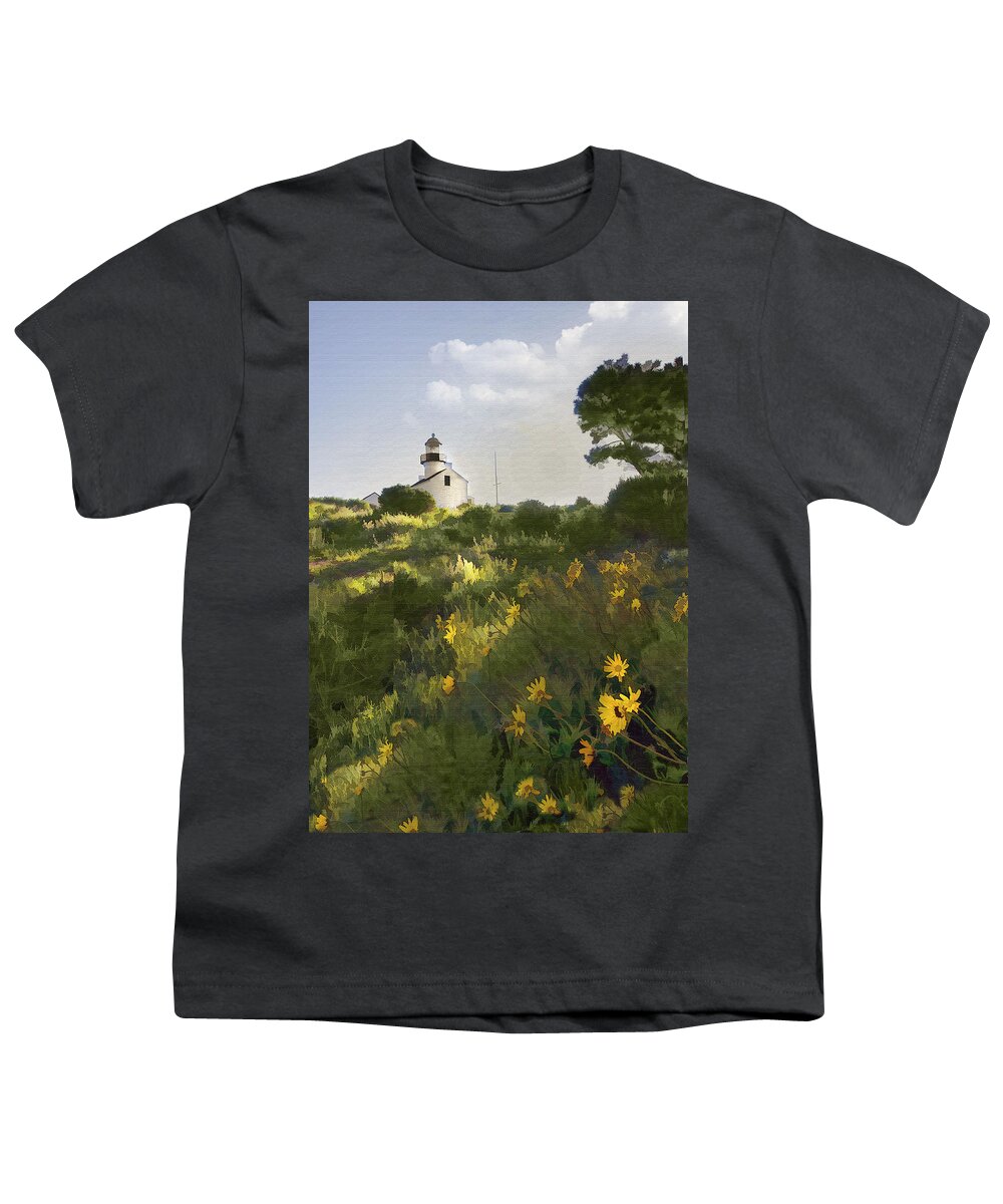 Lighthouse Youth T-Shirt featuring the digital art Lighthouse Daisies by Sharon Foster