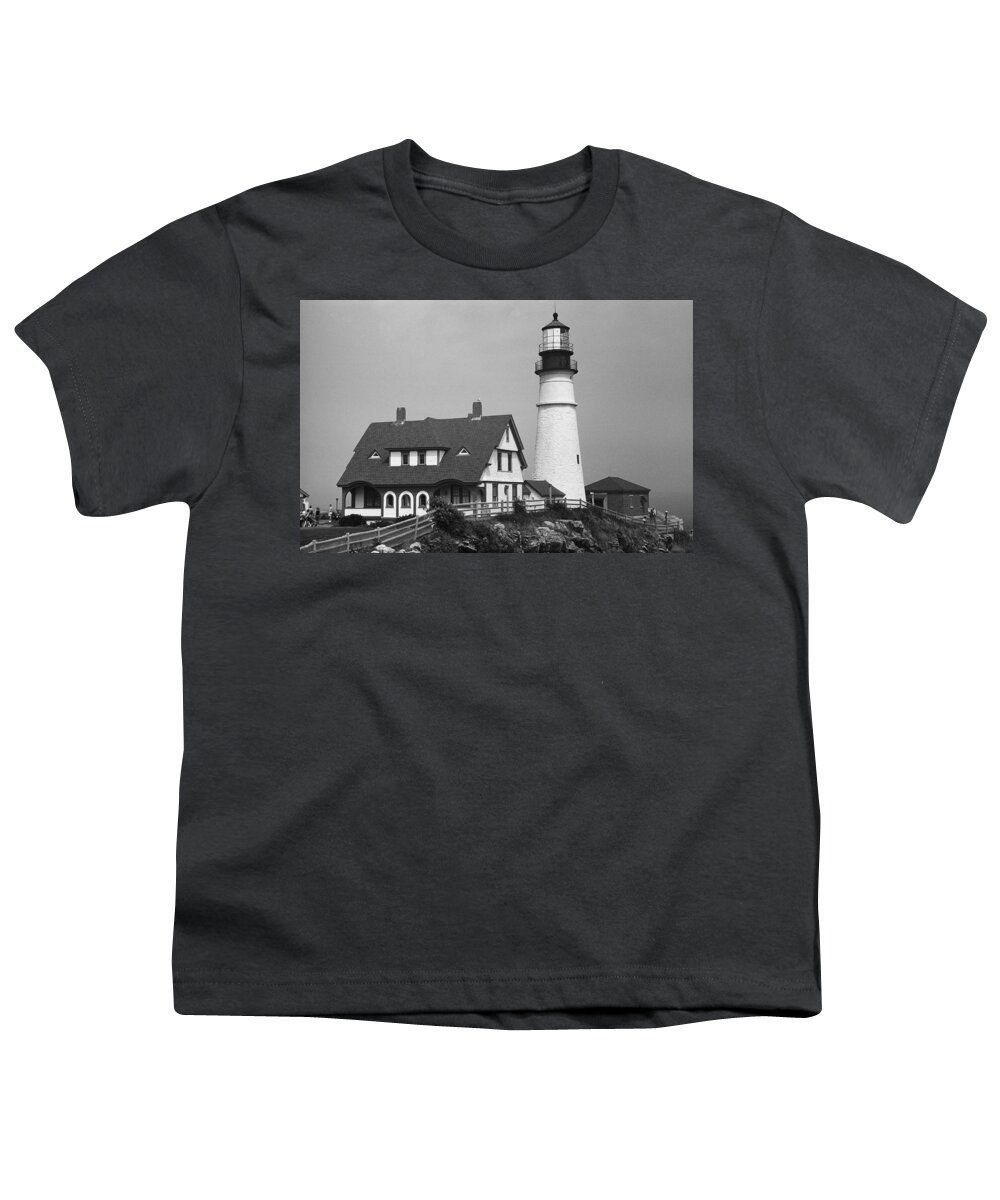 America Youth T-Shirt featuring the photograph Lighthouse - Portland Head, Maine 2 BW by Frank Romeo