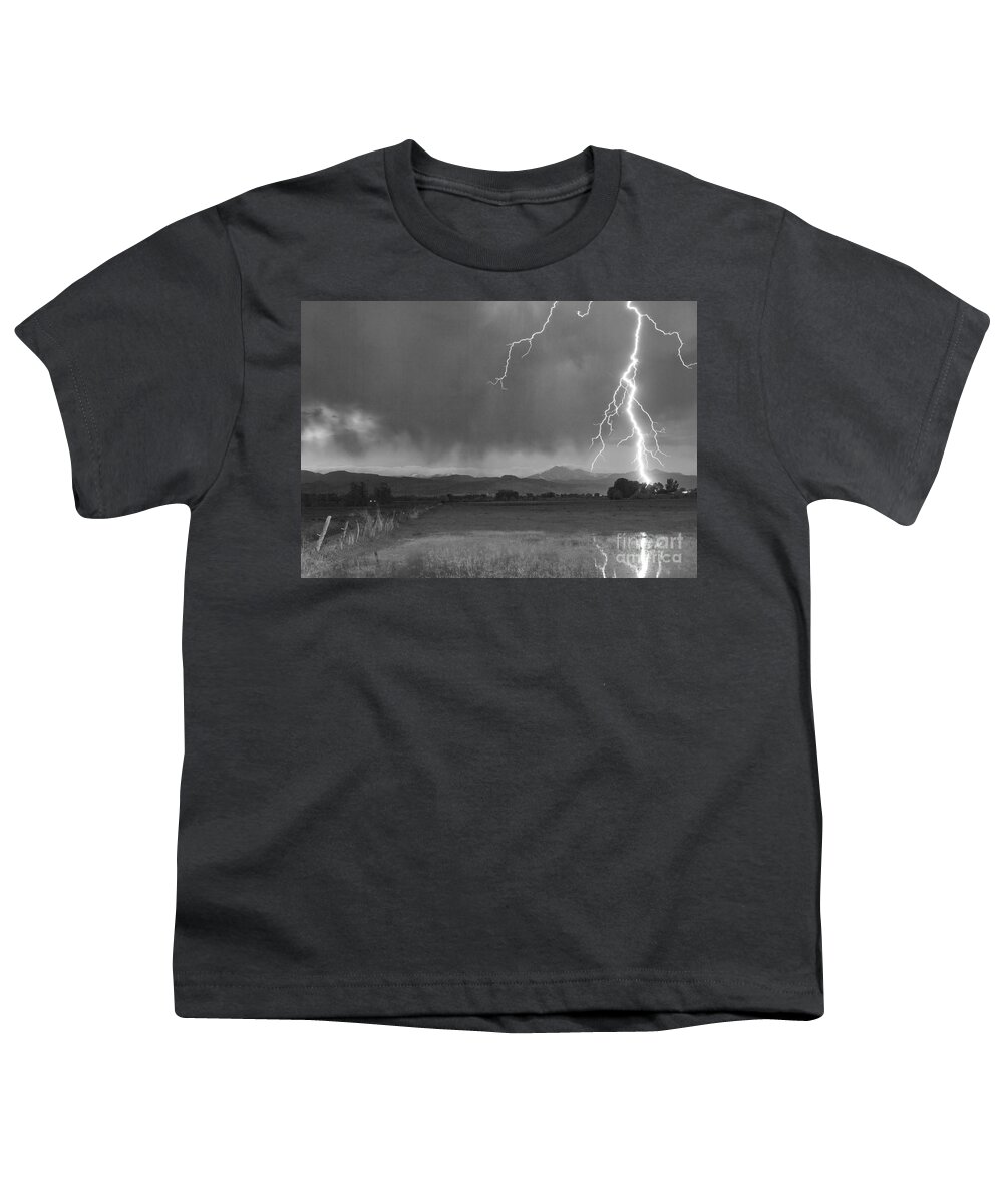 Lightning Youth T-Shirt featuring the photograph Lightning Striking Longs Peak Foothills 5BW by James BO Insogna