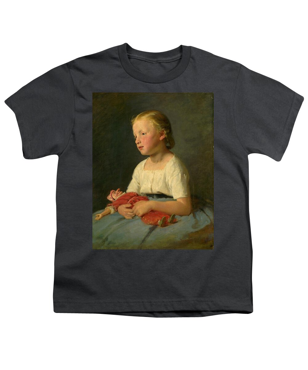 Portrait Youth T-Shirt featuring the painting Little girl with a doll, Gyula Benczur 1863 by Vincent Monozlay