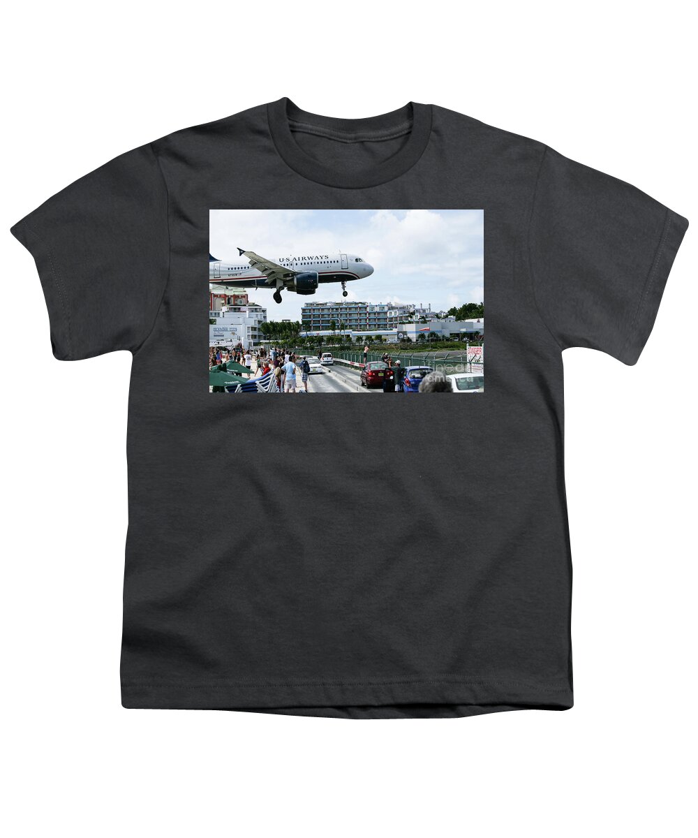 Airplane Youth T-Shirt featuring the photograph Maho Beach by Kathy Strauss