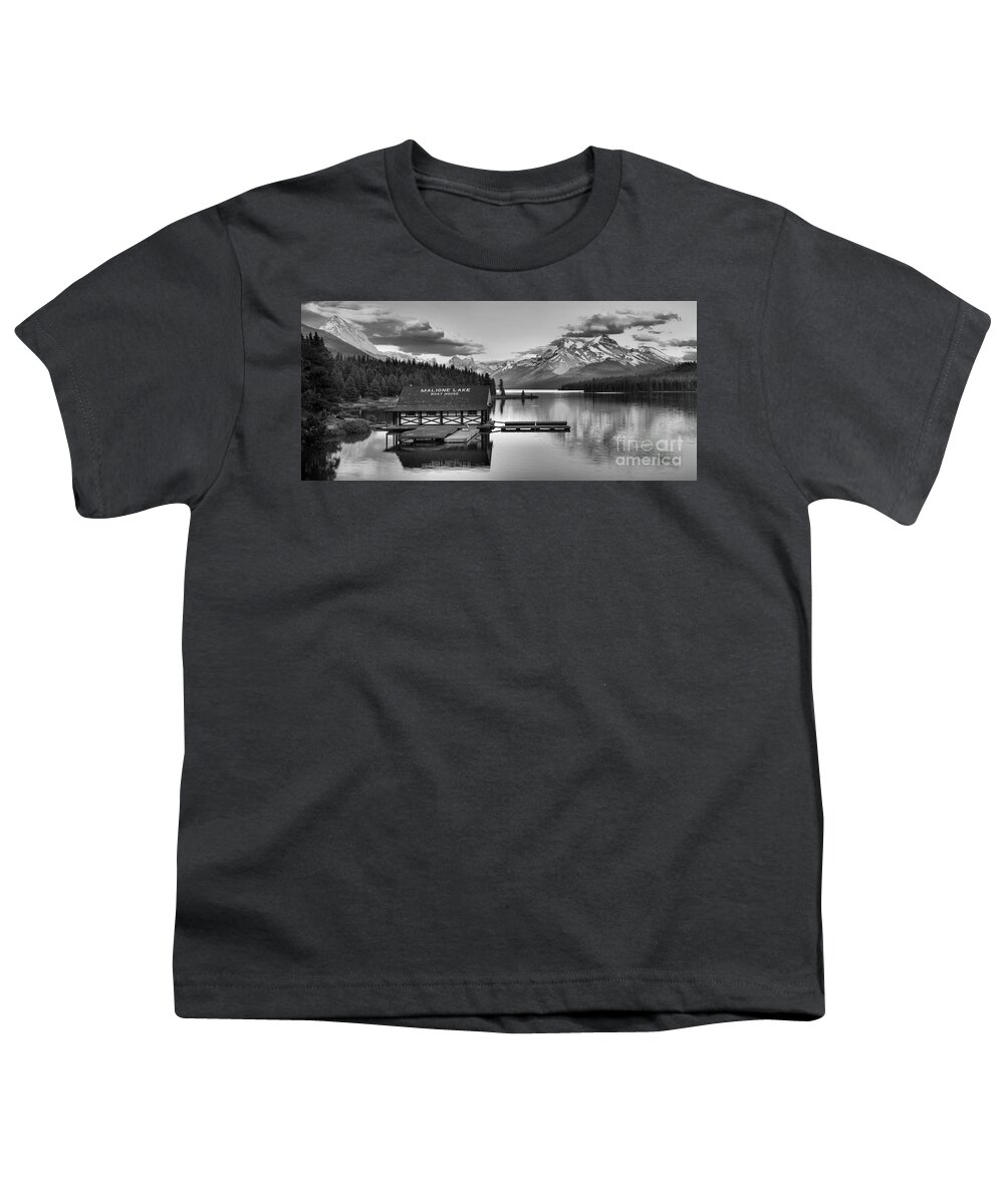 Malinge Lake Youth T-Shirt featuring the photograph Maligne lake Sunset Glow Panorama Black And White by Adam Jewell