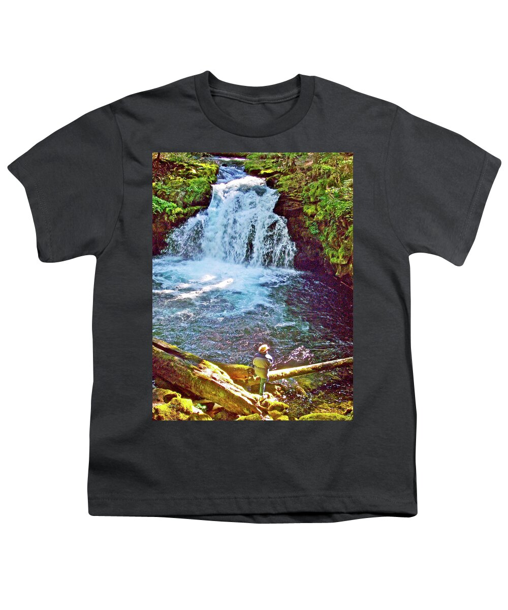 Man Fishing By Whitehorse Falls In Umpqua National Forest Youth T-Shirt featuring the photograph Man Fishing by Whitehorse Falls in Umpqua National Forest, Oregon by Ruth Hager
