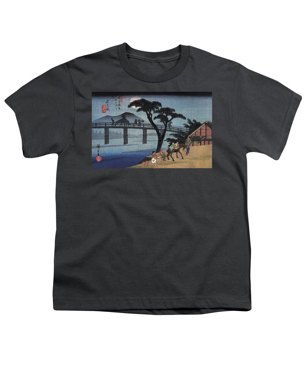 Hiroshige Youth T-Shirt featuring the painting Man On Horseback Crossing A Bridge by Utagawa Hiroshige