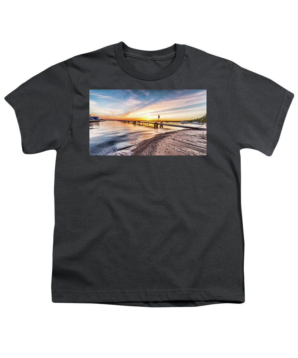 Higgins Lake Youth T-Shirt featuring the photograph Maplehurst Dock Higgins Lake sunset by Joe Holley
