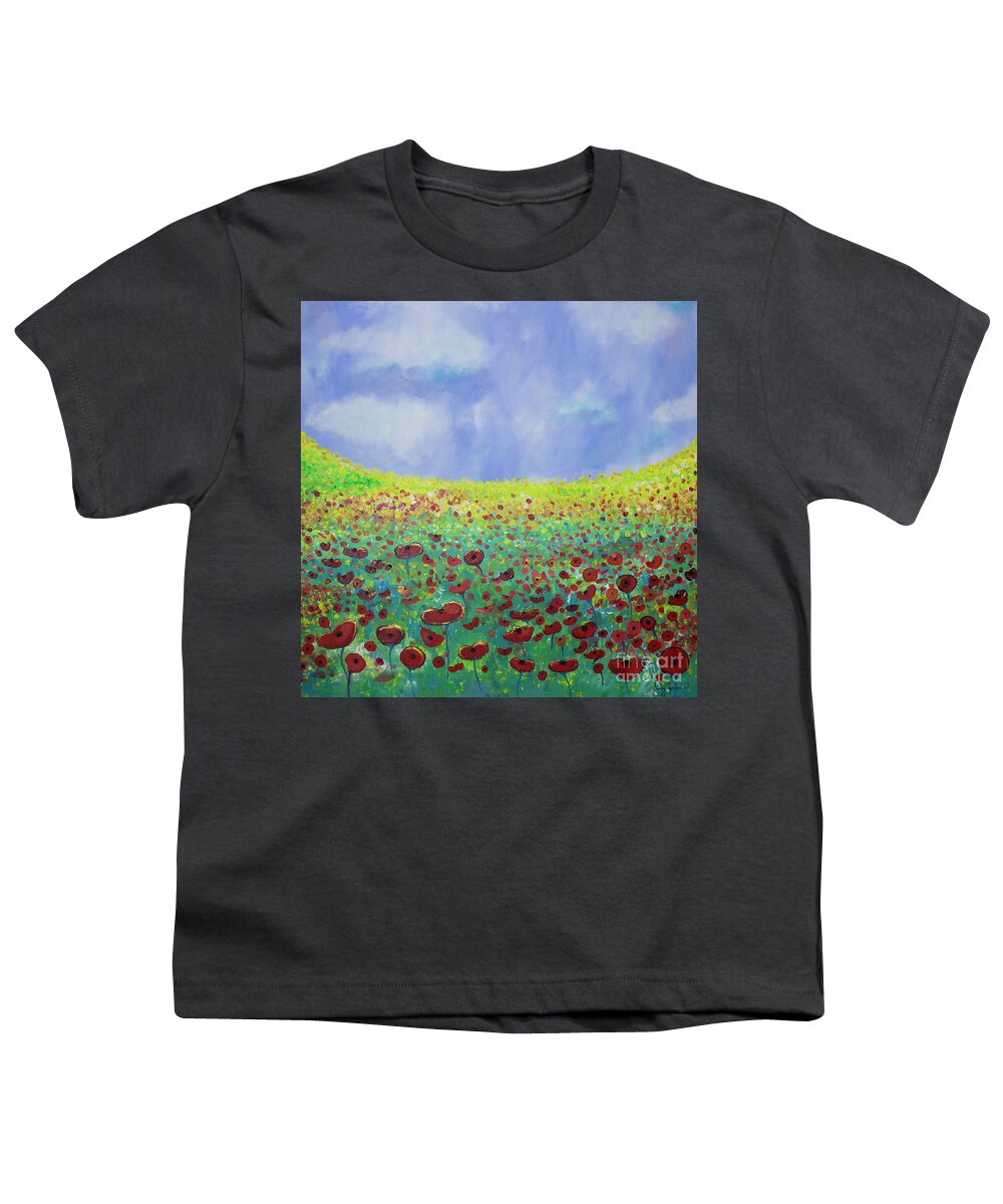 Poppy Youth T-Shirt featuring the painting Meadow of Poppies by Stacey Zimmerman