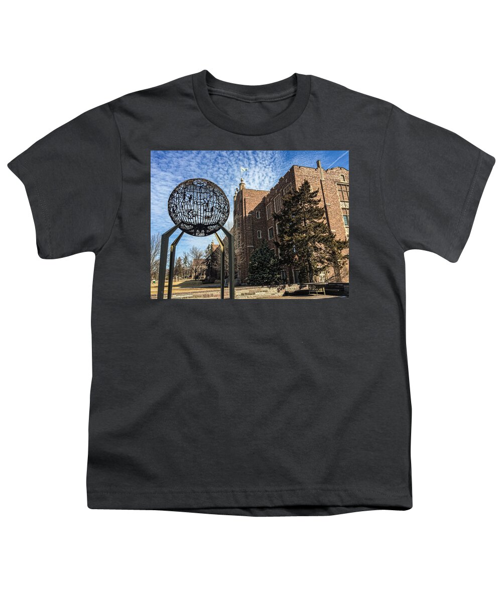 North Dakota Youth T-Shirt featuring the photograph Merrifield Hall and Old Main Monument by Tom Gort