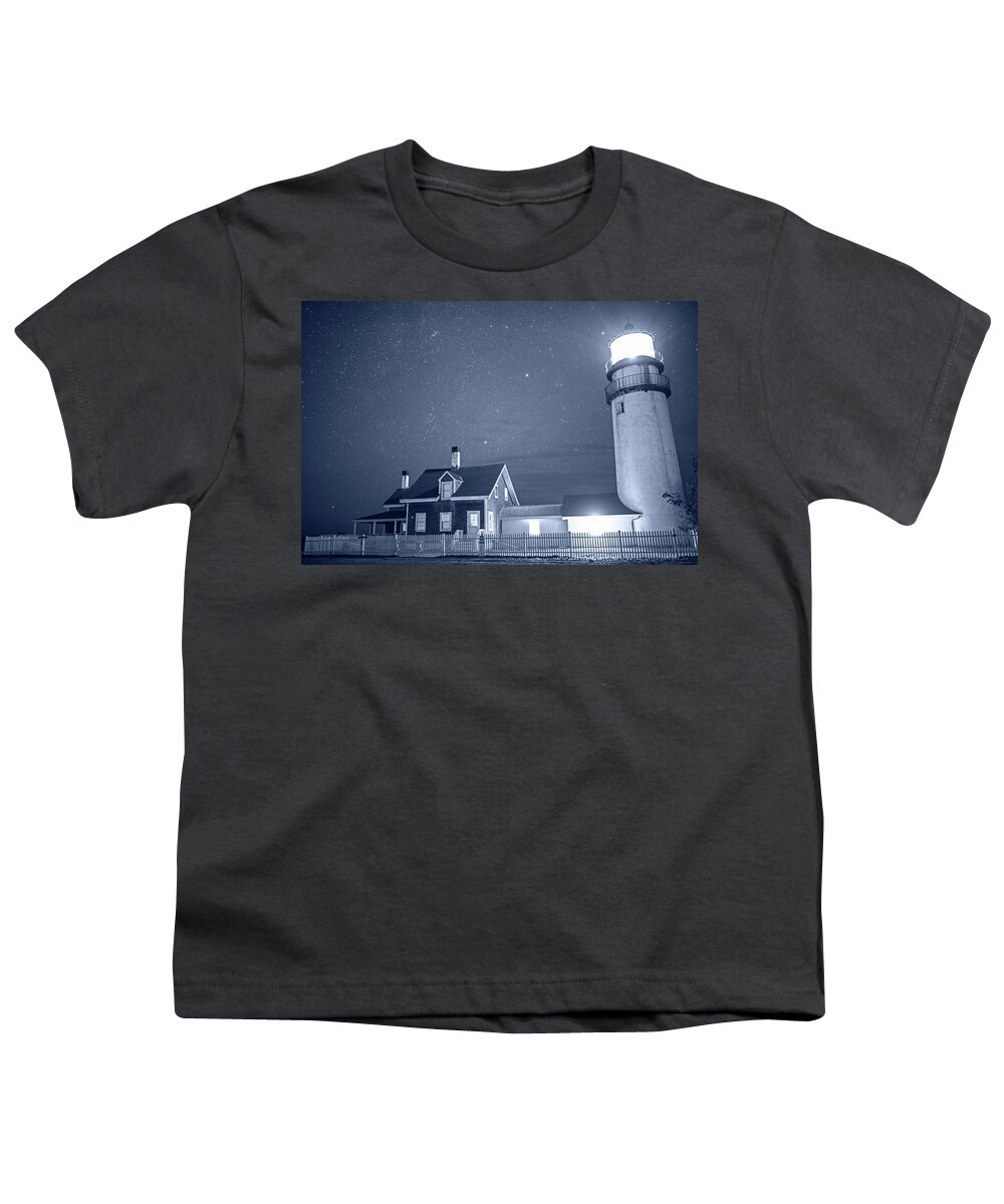 Truro Youth T-Shirt featuring the photograph Monochrome Blue Nights Highland Light Truro Massachusetts Cape Cod Starry Sky by Toby McGuire