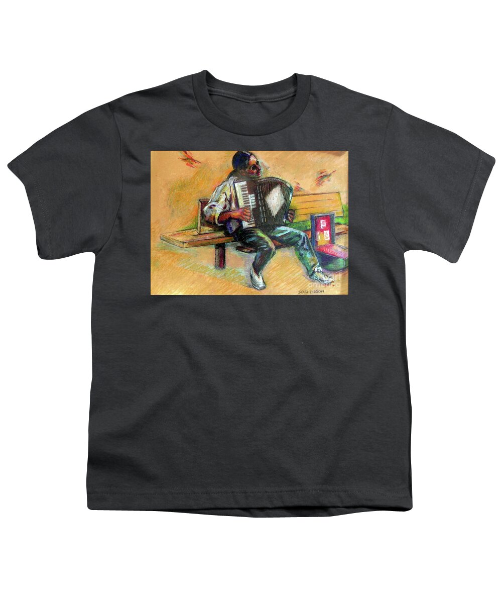 Music Youth T-Shirt featuring the drawing Musician With Accordion by Stan Esson