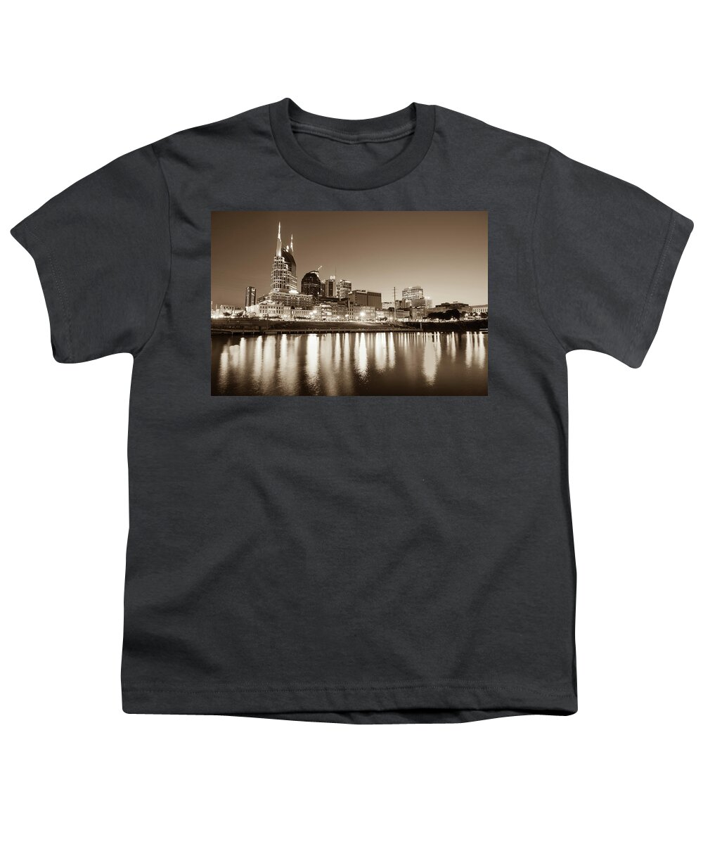 America Youth T-Shirt featuring the photograph Nashville Skyline at Night on the Cumberland River Sepia by Gregory Ballos