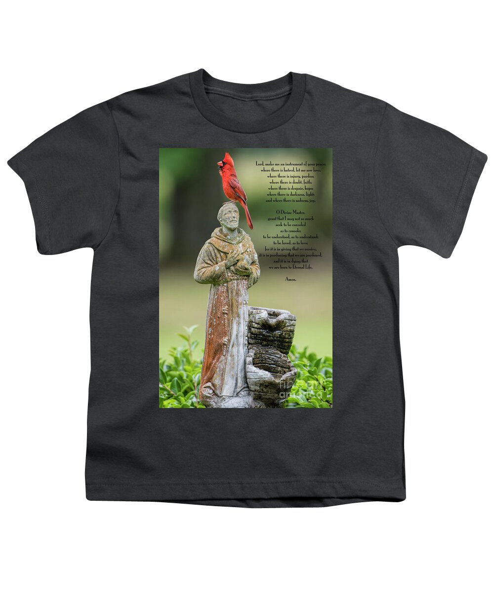 Northern Cardinal Youth T-Shirt featuring the photograph Northern Cardinal with St. Francis Prayer by Bonnie Barry