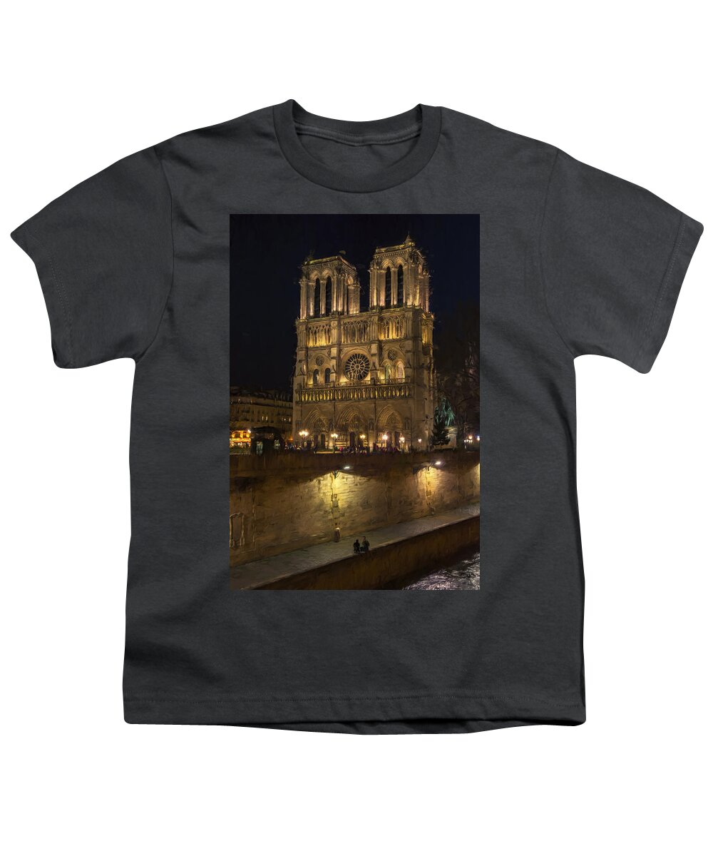 Joan Carroll Youth T-Shirt featuring the photograph Notre Dame Night Painterly by Joan Carroll