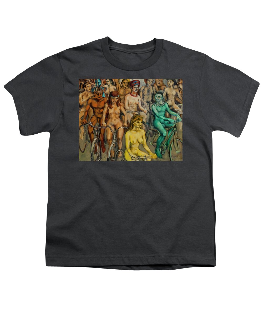 Body-paint Youth T-Shirt featuring the painting Nude cyclists with bodypaint by Peregrine Roskilly