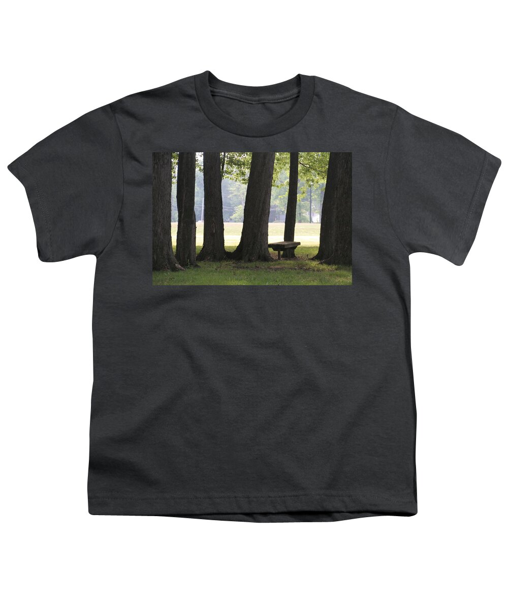 6 Oak Trees Youth T-Shirt featuring the photograph Oak Trees and Bench by Valerie Collins