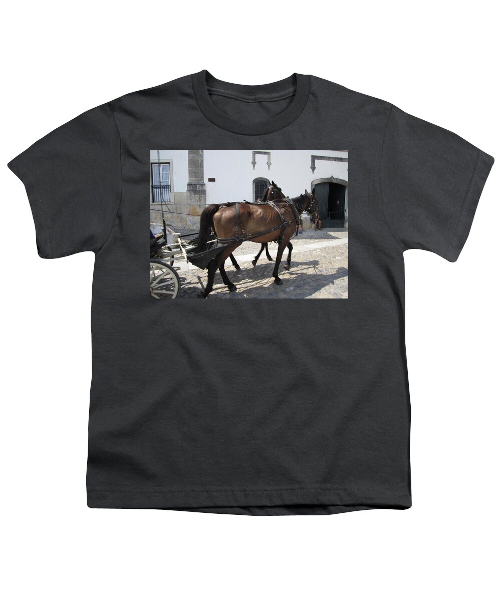 Obidos Youth T-Shirt featuring the photograph Obidos Horses Portugal by John Shiron