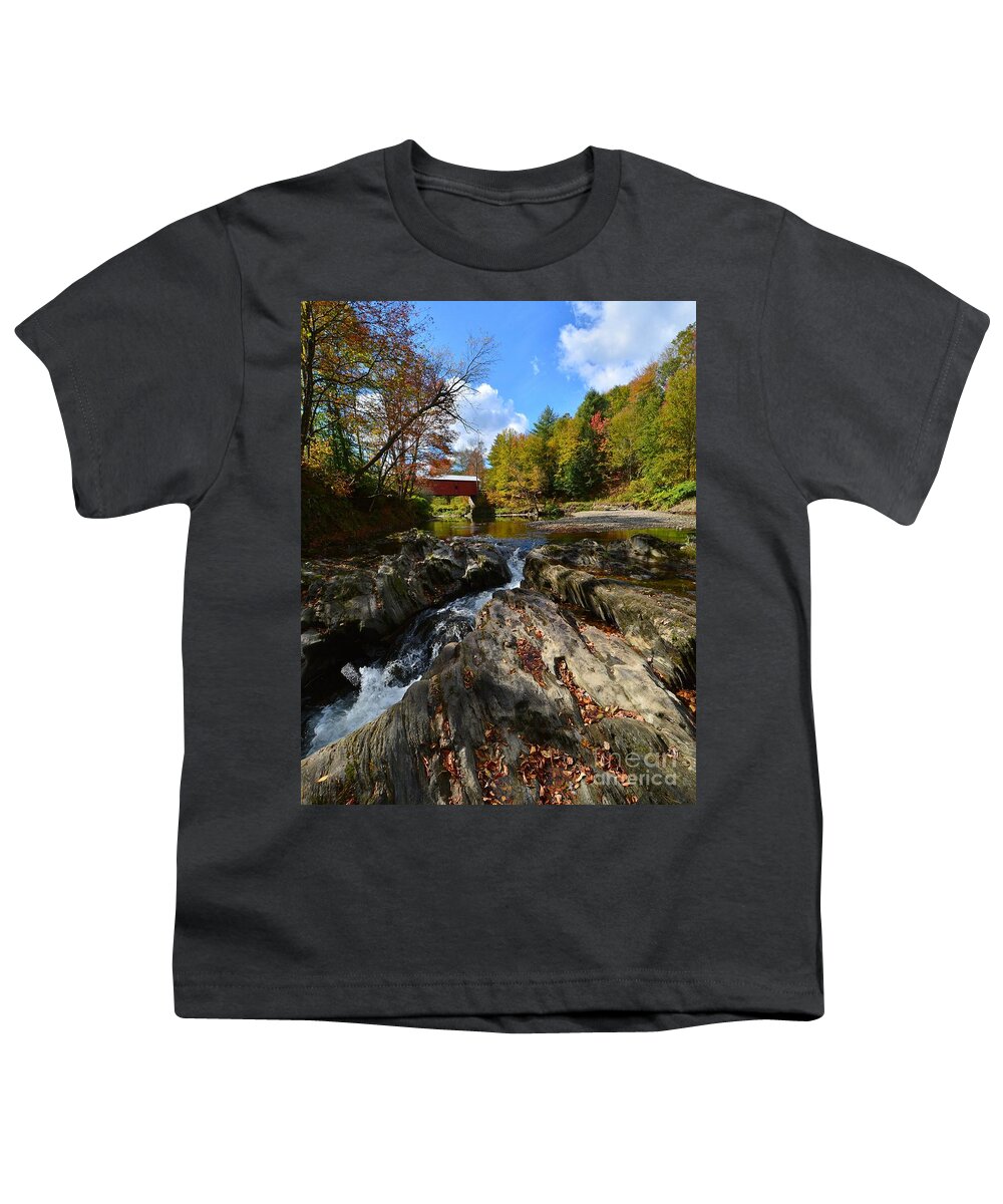 Slaughterhouse Covered Bridge Youth T-Shirt featuring the photograph October in Vermont by Steve Brown