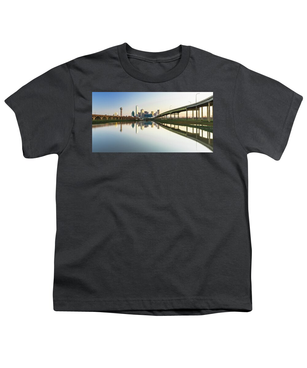 Dallas Youth T-Shirt featuring the photograph Panorama of Dallas Skyline with reflection 2 by Mati Krimerman